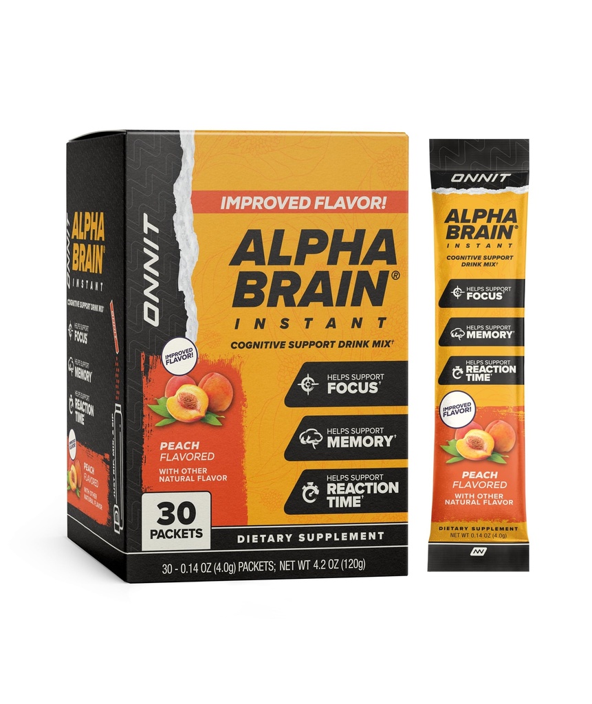 ONNIT Alpha Brain Instant Peach Flavor - Nootropic Brain Booster Memory Supplement - per Focus, Energy & Clarity - Alpha GPC Choline, Cats Claw, L-theanine, Bacopa - 30ct