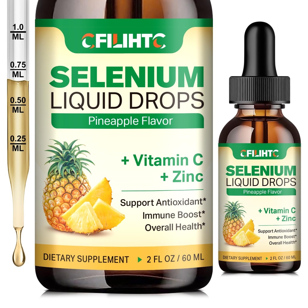 Selenium Liquid Drops, 200mcg Liquid Selenium Supplement con Vitamina C & Zinc, Supporto per Sistema Immune, Antiossidante & Heart Health, Alto assorbimento, Ananas Flavor, 2 Fl Oz