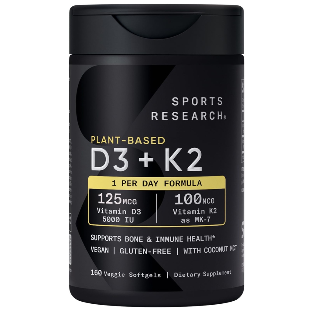 Vitamina D3 K2 con 5000iu di D3 & 100mcg a base vegetale di vitamina K2 come MK-7, certificato non OGM & Vegan - 160 Liquid Softgels