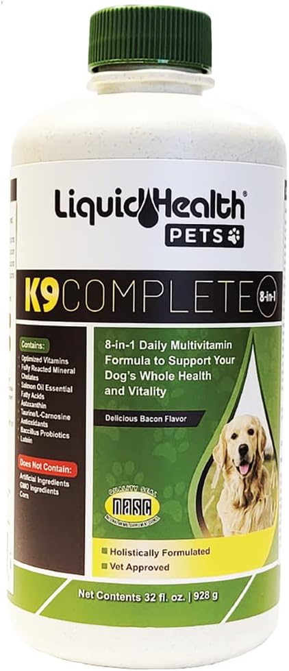 LIQUIDHEALTH Animali K9 Multivitamina liquida 8-in-1 completa per cani anziani adulti e cuccioli, tutto in una formula completa vitamine canine per pelle e cappotto, salute comune, supporto immunitario - USA Made (32 oz)