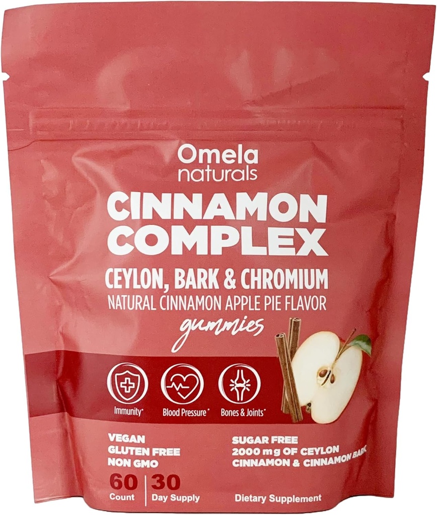 Complesso di cannella di ceylon senza zucchero Gummies mela Cinnamon Flavor | Supporto immunitario e integratori antiossidanti | 2000mg Cinnamon Complex con cromo | Vegan, Non OGM, Gluten-Free| 60ct