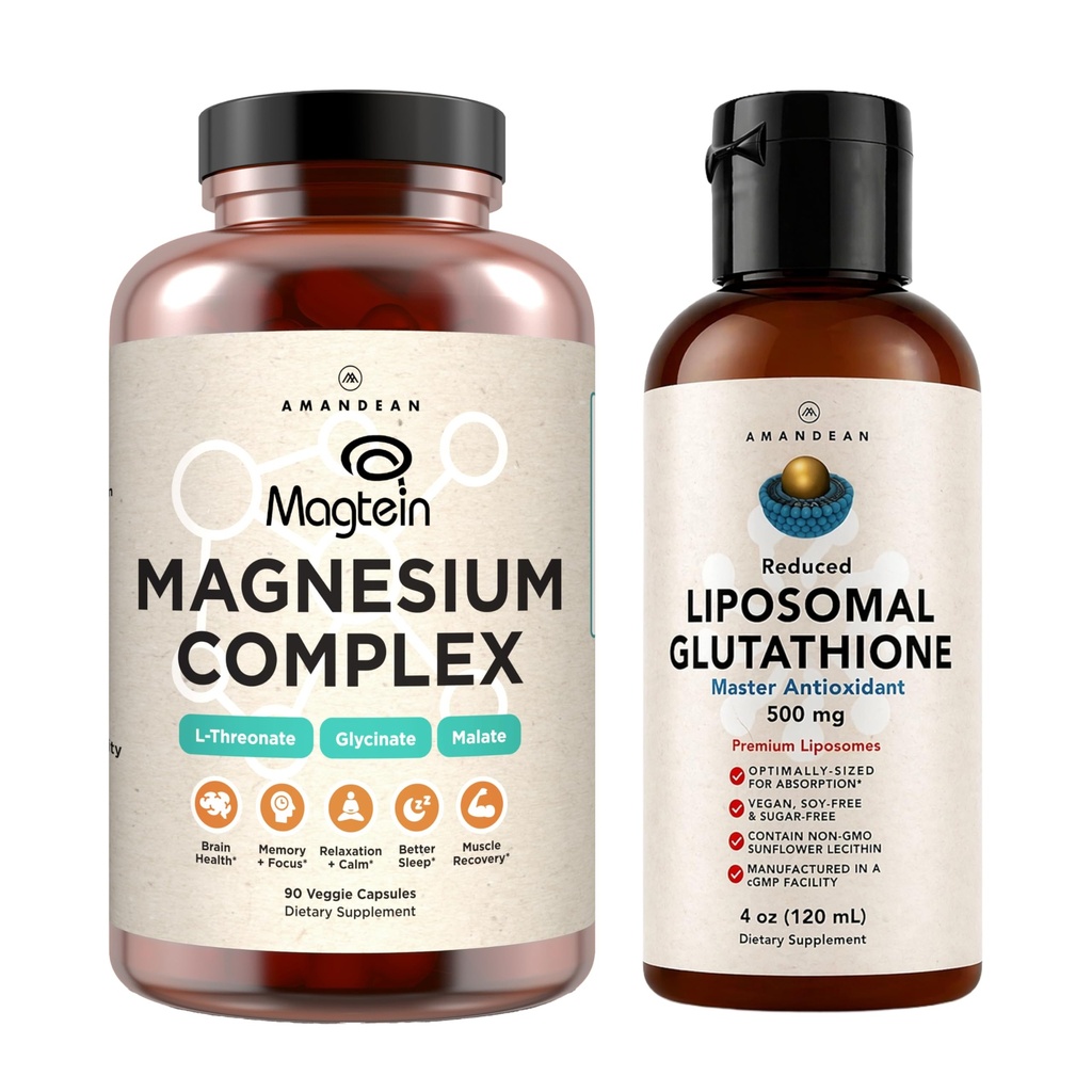 AMANDEAN Premium Glutathione Liposomal & Magnesium Complex Bundle. Antiossidante. Setria liquida. Alto assorbimento di magnesio Threonate, Glycinate & Malate. Salute del cervello e del fegato. Memoria, messa a fuoco e sonno