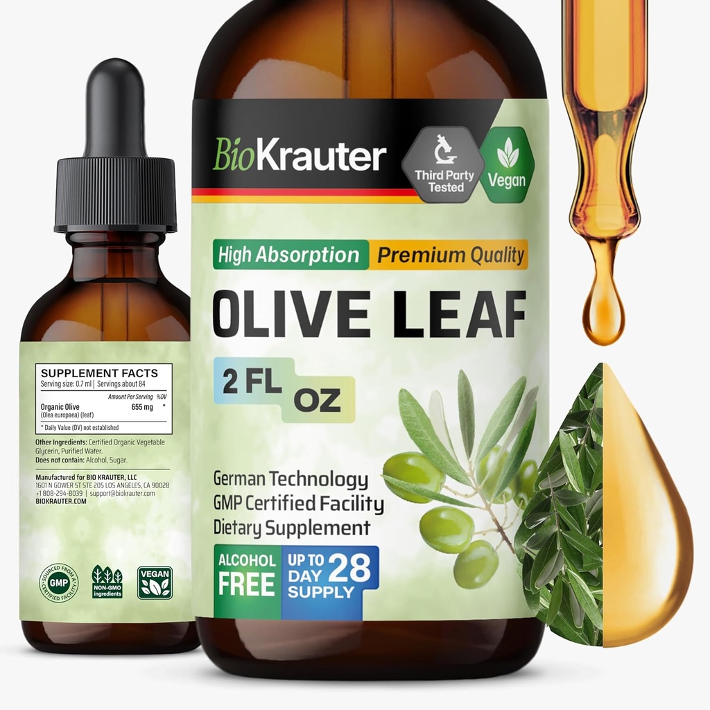 BIO KRAUTER Olive Leaf Extract Liquid - Olive Leaf Tincture for Immune Support - Alcol and Sugar Free - Vegan Drops 2 Fl.Oz.