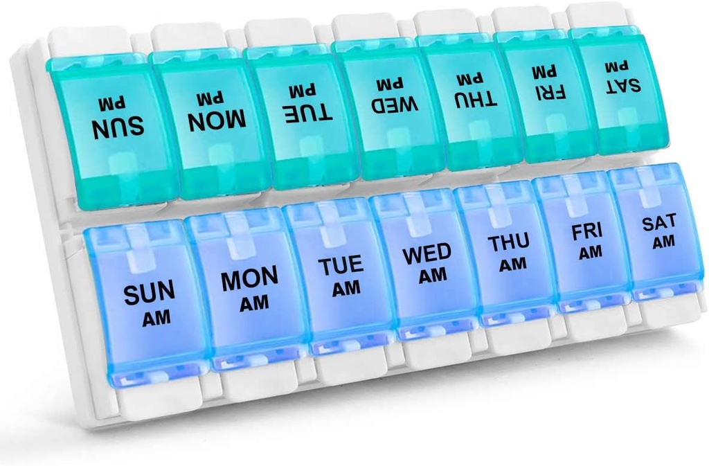 Sukuos AM PM Weekly 7 Day Pill Organizer, 2 volte A Day Pill Box con Arthritis Friendly Push Button, Medicine Cases for Vitamin/Fish Oil/Supplements, Facile da pulire (Cyan&Blue)