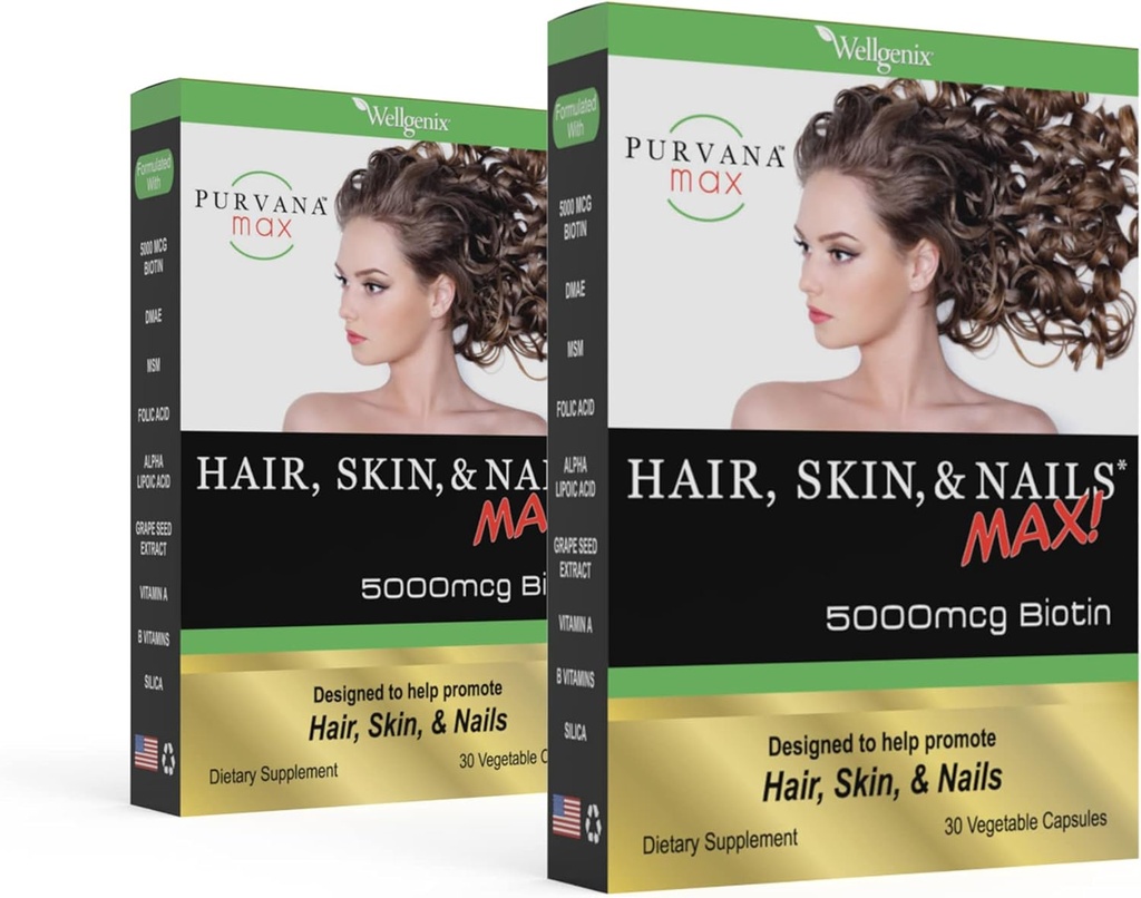 Purvana Max Hair, Skin e Nails Vitamin - 5000mcg Biotin, Acido Folico, DMAE, Estratto di semi di Uva - Un giorno Vegan Hair, Skin, Supporto per Unghie - Promuove la produzione di collagene - 30 Caps (Pack of 2)