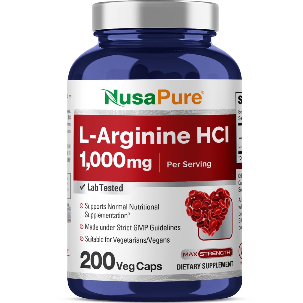 NusaPure L-Arginina 1000 mg 200 capsule vegetali (Non OGM, Vegetariano, Vegano)