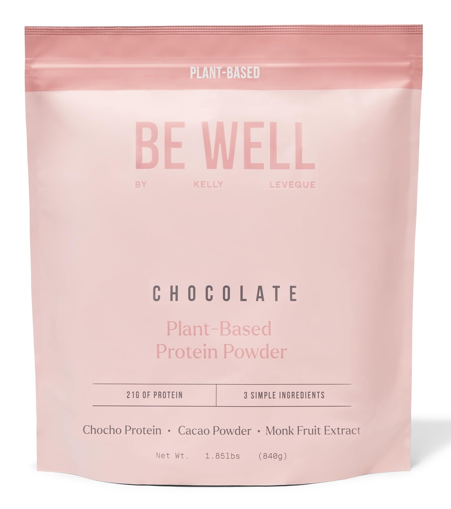 Be Well by Kelly Chocolate Plant-Based Protein Powder, Vegan 21G Protein 9G Fiber 1 NetCarb (3 Ingredienti, 20 Serve) 9 Aminoacidi 3 BCAAs No Soy, No Dairy, Stevia-Free No Sugar Aggiunto 1.85lb 840g