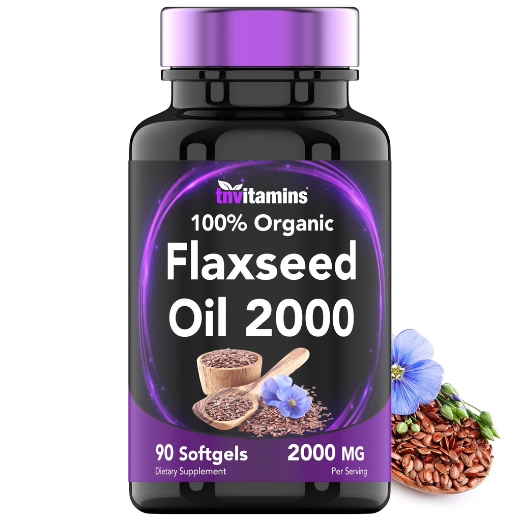 tnvitamins Organic Flaxseed Oil Softgels: 2000 mg - 90 Softgels | High in Omega-3 acidi grassi | Flaxseed Oil Supplement per le donne e gli uomini | Non-OGM