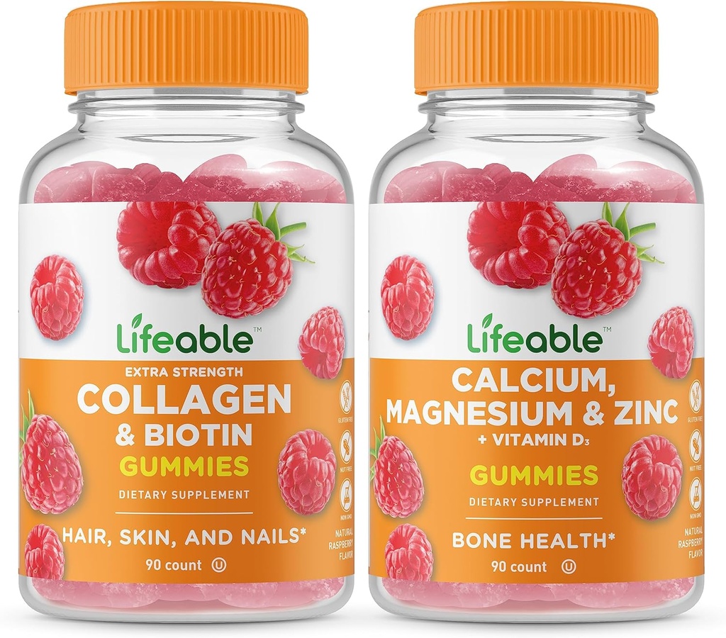 Collage Lifeable & Biotin + Calcio, Magnesio, Zinc & Vitamina D, Gummies Bundle - Grande Degustazione, Integratore di Vitamina, Senza Glutine, OGM Free, Gomma Chewable