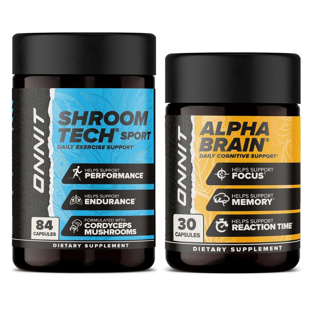 ONNIT Premium Alpha Brain Bundle - Nootropic Brain Supplement (30 Count) per Focus, Concentrazione e Memoria + Shroom Tech Sport per Esercizio, Energy & Cardiovascular Performance (84 Count)