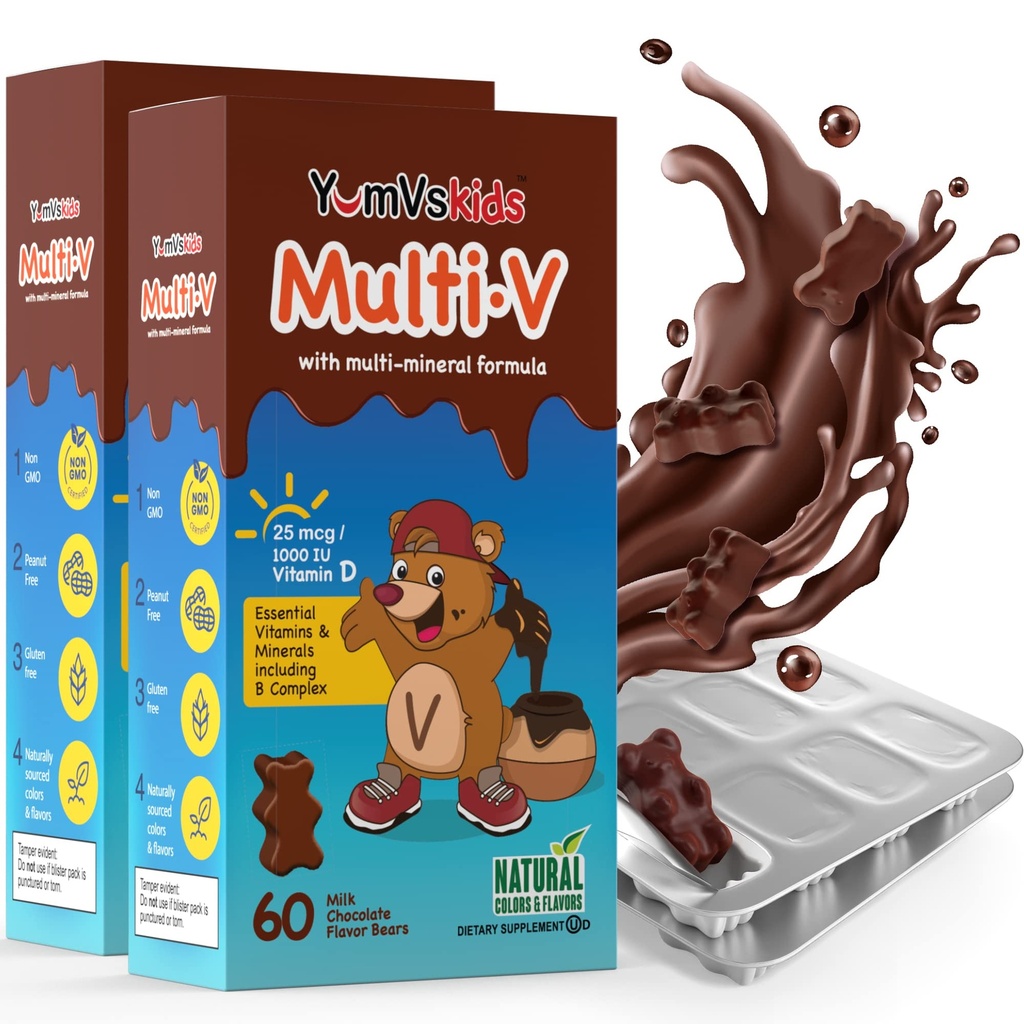 YUM-V'S - Bambini Multivitaminici Cuscinetti Cioccolato Masticabile - Multivitamina per Bambini Supplemento - 16 Vitamine & Minerali - Vitamine Comprese D, Zinco, C, B Complex & More, 60 Conteggio (Pacchetto di 2)