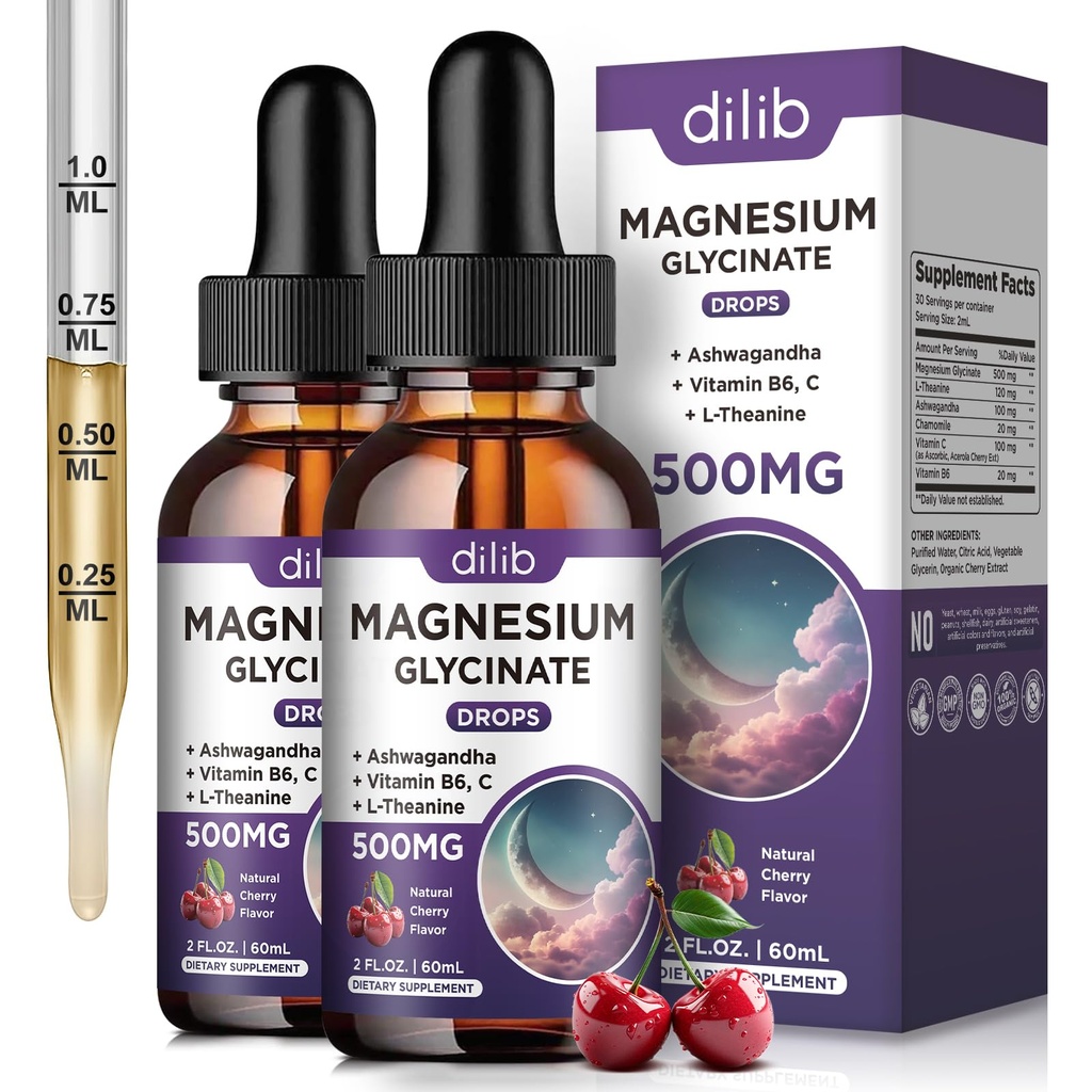 (2 Confezione) Magnesio Glycinate Gocce Liquide 500mg, con Vitamina B6, Ashwagandha, L - Theanine, Camomilla, Magnesio Glycinate Supplemento Alto assorbimento per il sonno, Stress, Energy Mood - Cherry Flavor