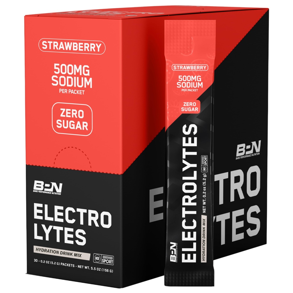 BARE PERFORMANCE NUTRITION BPN Electrolytes Go Packs Hydration Drink Mix | Polvere di elettrolita senza zucchero | 500mg Sodio per porzione | Dolci naturali | Fragola 30 Serve