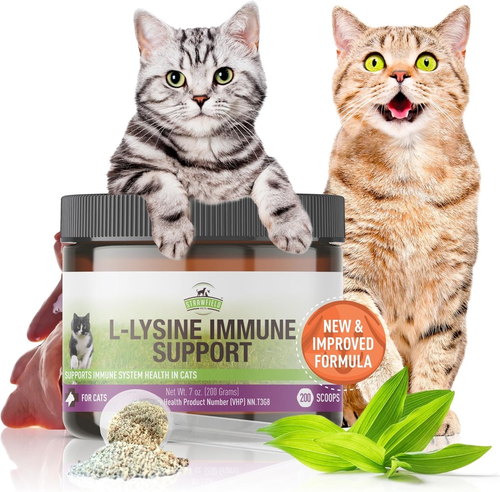 Strawfield Animali domestici L-Lysine Supporto immunitario per gatti e gattini - 200g di fegato di pollo Granule con Scoop, Integratore di salute immunitario Cat Cold Relief, Sneezing, Congestione, Noso in esecuzione, Occhi acquatici