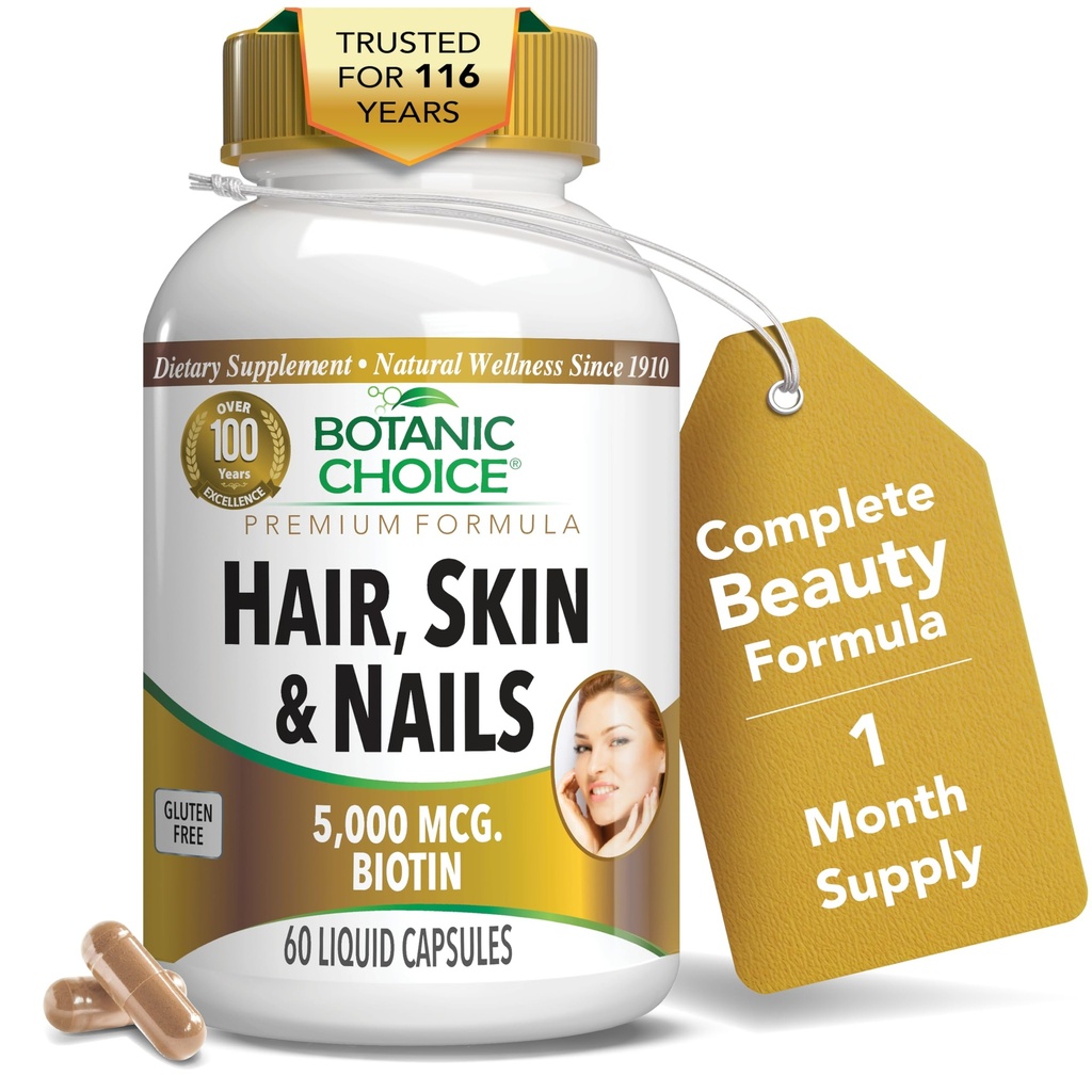 Scelta Botanica Capelli e Vitamine Unghie - Integratore Biotina con Collagene, Vitamina C, & Iron - Super Antiossidante Miscela con Olio di Argan & Acido Ialuronico - 60 Capsule Liquidi