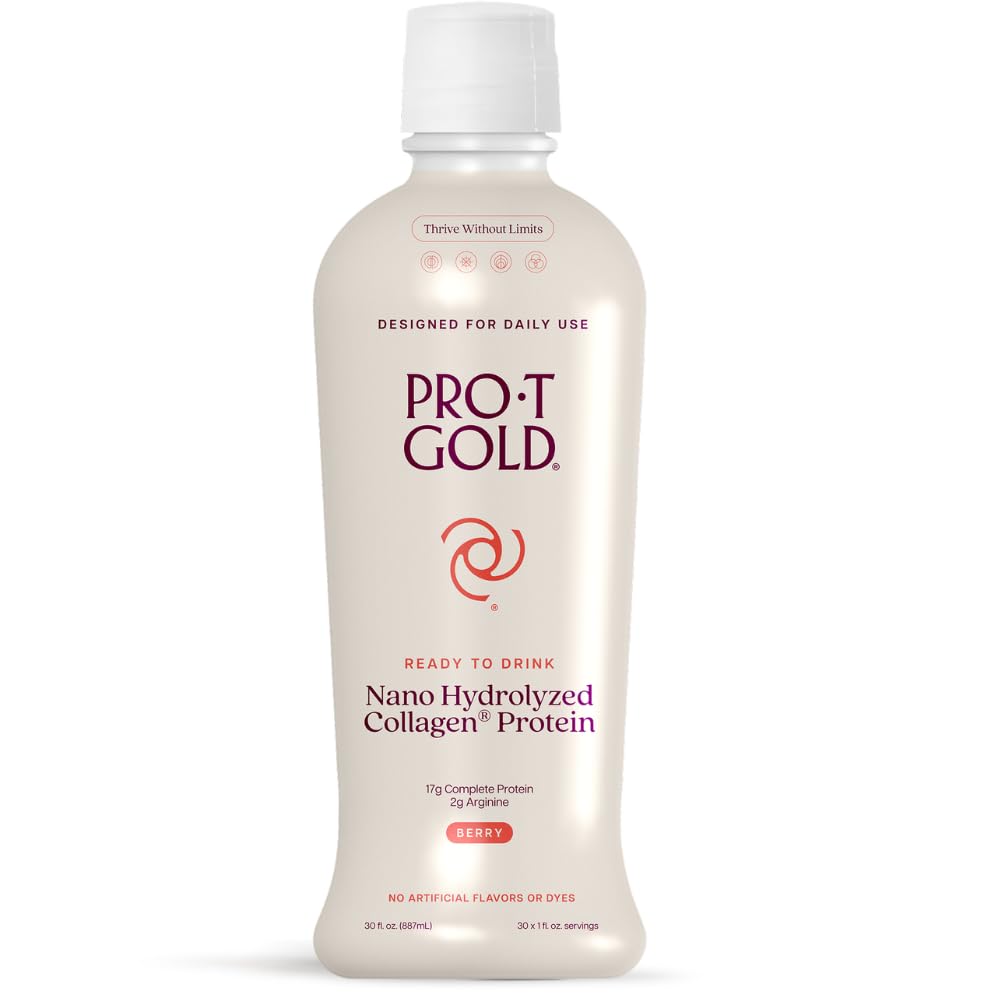 ProT Gold Liquid Collagen Protein Shot, 17g Clear Protein Nano-Hydrolyzed Grass Fed Collagen, 2g Arginina per Wound Support, Gluten Free, Sugar Free, 0g Carbs, Non OGM, Berry, 30 fl oz Bottiglia