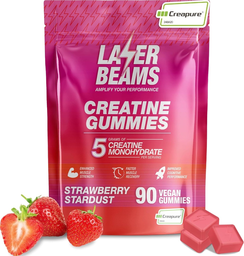 Creatina Monoidrato Gummies - 5g Creapure Creatina per Serving - Vegan - Boost Muscle Strength, Endurance, Recovery & Mental Focus - 90 Gummies, Gluten-Free (Strawberry)