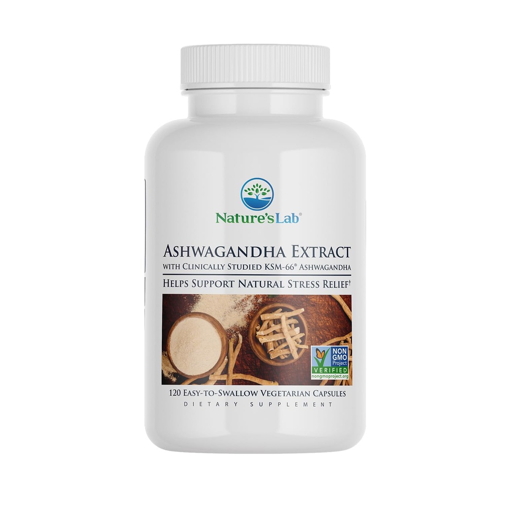 Estratto di Ashwagandha KSM 66 del laboratorio della natura - 5% Withanolides, Polvere di radice di Ashwagandha pura organica - Supporta il sollievo della corda, il supporto di messa a fuoco e resistenza* - 120 Ct (alimentazione di 60 giorni)