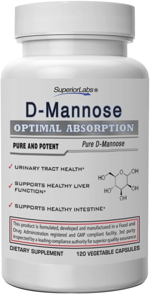 Labs superiori D-Mannose 500 mg, Assorbimento Optimico Puro Non OGM Prebiotico, Tratto urinario, Supporto per la vescica e reni UTI, Sostegno Digestivo & Liver Health Aid, Rilievo IC per le donne e gli uomini, 120 tappi di Veg