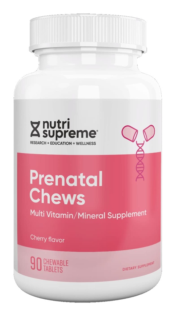 Nutri Supreme Vitamina Prenatale, Vitamine Prenatali Masticabili per le Donne con 800 MCG di Folate, Gravidanza Completa Multivitamina con Ferro, Kosher, Cherry Flavor, 90 Conte