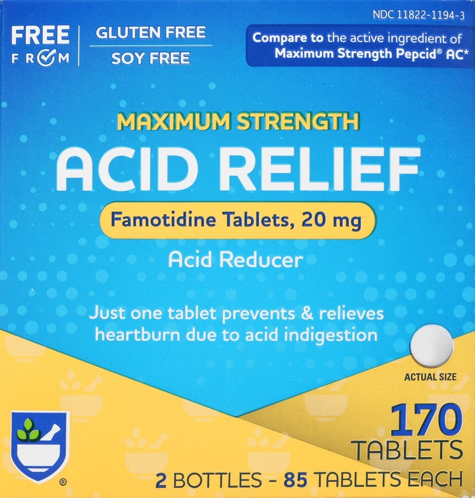 Rite Aid Acid Riduttore, Tavole di Famotidina di massima resistenza, 20 mg - 2 Bottiglie, 85 conteggio Ogni (170 conteggio totale) | Rilievo di bruciore di stomaco | Acid Reflux | Cuciture e Tablets, Cuciture di bruciore e compresse