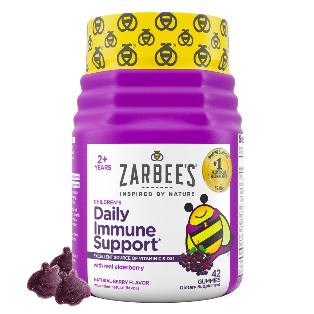 Zarbee’s Kids Elderberry Immune Support Supplemento Gummies, Vitamine A C D3 E & Zinc, Estratto di sambuco, Gluten & Gelatin Free, Nessun aroma artificiale, Natural Berry Flavor, Età 2+, 42 Ct