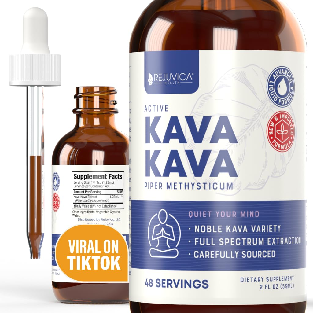 Rejuvica Health Kava Kava Root Extract Supplement - Active Kava Kava - Potent Relax & Calm - Liquid Extract - Piper Methysticum - Noble Variety - Naturally Occurring Kavalactones - 48 Servings