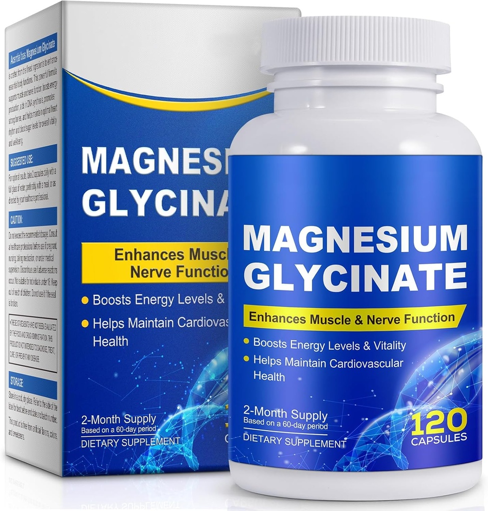 Glicinato di magnesio per il sonno, l'umore, il cervello, l'assorbimento elevato 120 Capslues Supplemento, Magnesio elementare con 100 mg di calcio - altamente biodisponibile - con vitamina D3 & K2