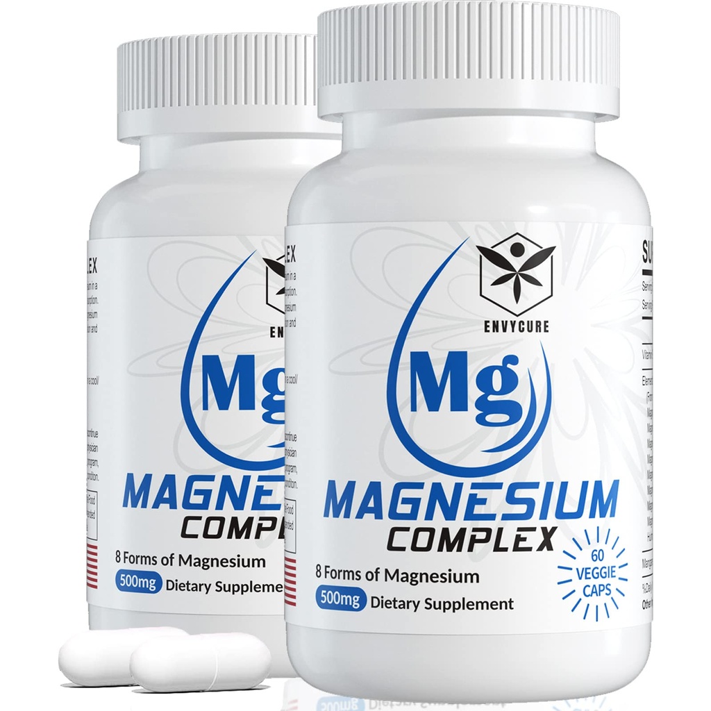 Magnesio Complesso Supplemento 8 Forme, 500mg Magnesio Glycinate, Malate, Citrato, Alto assorbimento Mg per calma, sonno, mood e muscolo sano, Confezione da 2, Totale 120 capsule vegane