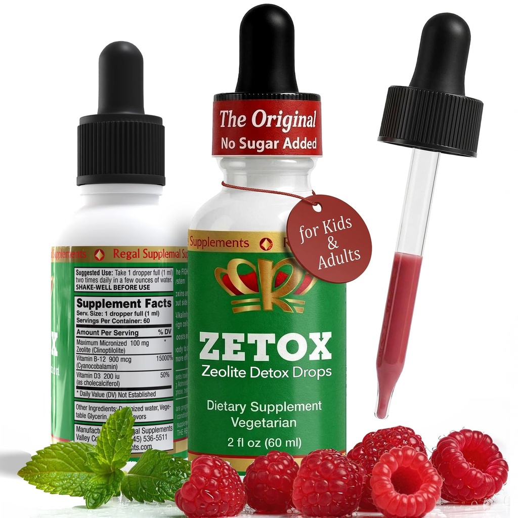 ZETOX | Detox Zeolite per bambini e adulti | Migliorato con vitamina Methyl B12 e D3 | Liquido Grade Premium Clinoptilolite Gocce Zeolite | Supporta Detox giornaliero Gentle, Energia e Focus (60 Serve)