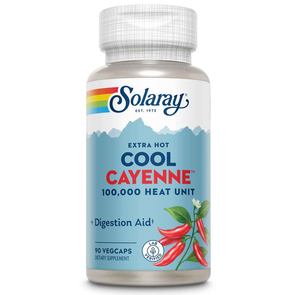 SOLARAY Extra Hot Cool Cayenne 100.000 HU - Tradizionale Folk Remedy e Digestion Aid - Bio-Cool Process - Lab Verified, GMP Facility, 60-Day Guarantee - 45 Servings, 90 VegCaps