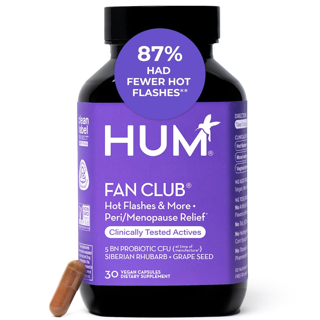 HUM Fan Club Menopause Probiotic Supplemento, Estrogen Free Menopause Supplementi per le donne, Non ormonale, Supporta energia & Flash caldi, Estratto di semi di Uva & Siberian Rhubarb, 30 capsule vegan