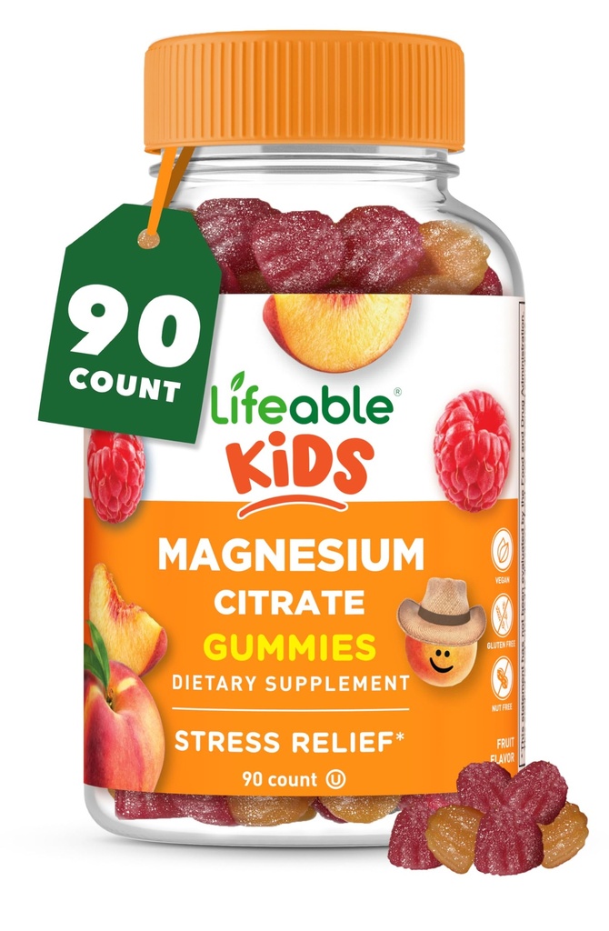 Gummie di Magnesio vitale per i bambini | 170mg Magnesio Elementale da 1.420mg Citrato di Magnesio | Grande Tasting Bambini Supplemento di Magnesio | Supporto muscolare e Rilievo Stress Masticabile | 90 Gummies