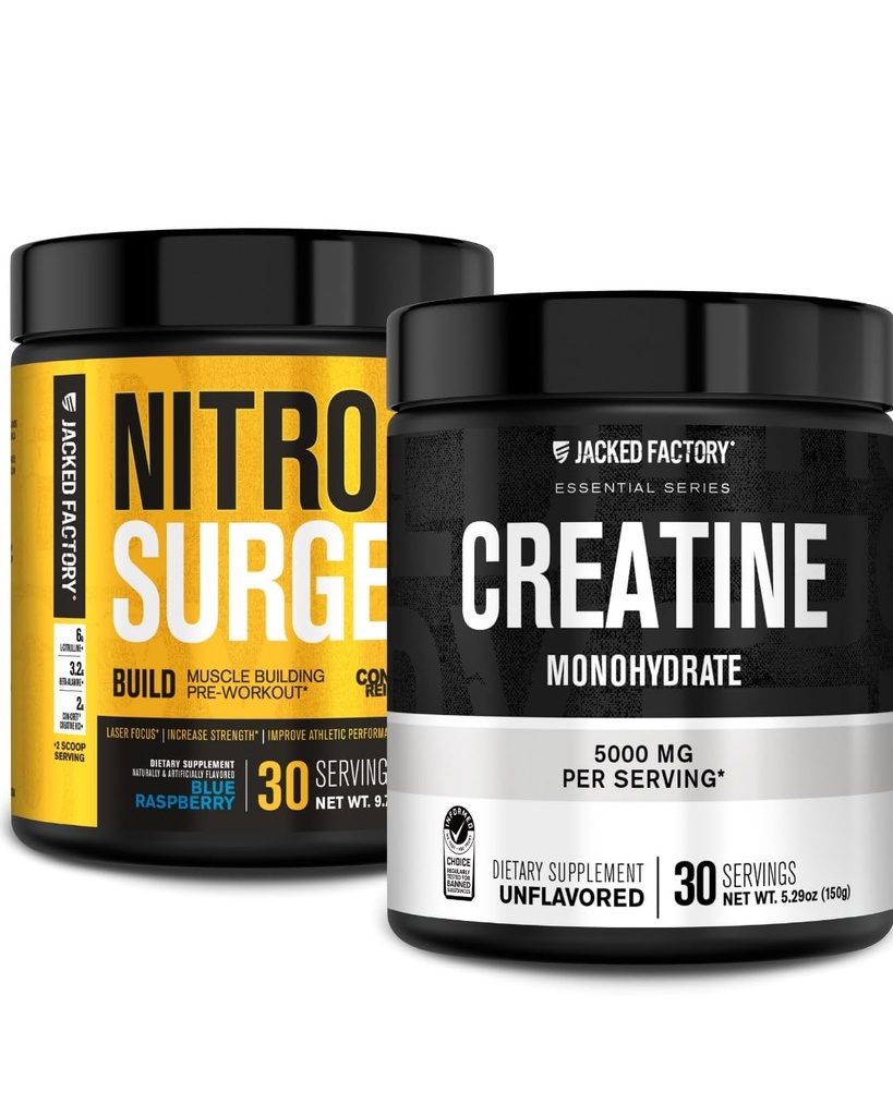 Jacked fabbrica Nitrosurge costruire pre allenamento con la creatina per la costruzione del muscolo (30 Servings, lampone blu) & polvere di monoidrato della creatina per la crescita del muscolo & recupero (30 Servings, non aromaed)