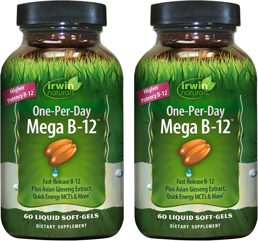 Irwin Naturals One-Per-Day Mega B-12 1.500mcg ad alta potenza Methylcobalamin Vitamin - Assorbimento rapido potenziato con MCT + Ginseng asiatico - Energia naturale Boost - 60 Liquid Softgels (Pack of 2)