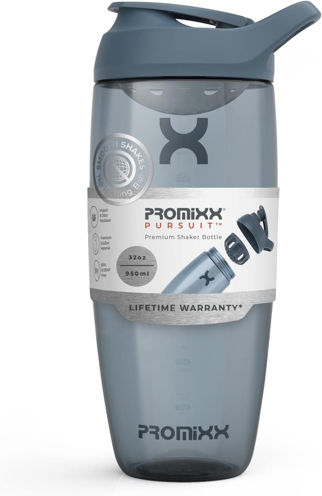 Promix Pursuit Protein Shaker Bottiglia (32 oz) – Silent No-Ball Mixer, Leak-Proof Lid, BPA/BPS & Phthalate-Free ECOZEN – Easy-Clean Shaker Cup for Protein Shakes, Pre & Post-Workout Smoothies