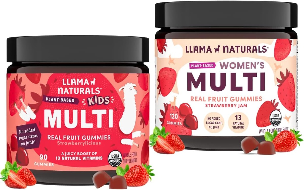 Llama Naturals Real Fruit Multivitamin Gummies | Kids & Women's Whole Food-Based Vitamins | No Aggiunto Cane Sugar | Organic, Vegan, Chewable | 90 ct & 120 ct | Fragola