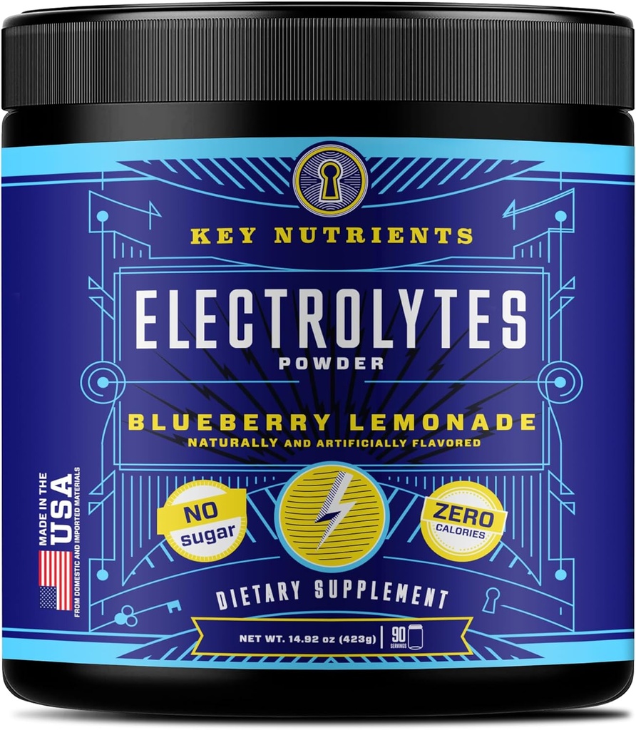 KEY NUTRIENTs Multivitamin Electrolytes Powder No Sugar - Polvere di elettrolita di limonata di mirtillo fresco - Endurance & Energy Supplement - Hydration Drink - No Calories - 90 Servings - Made in USA