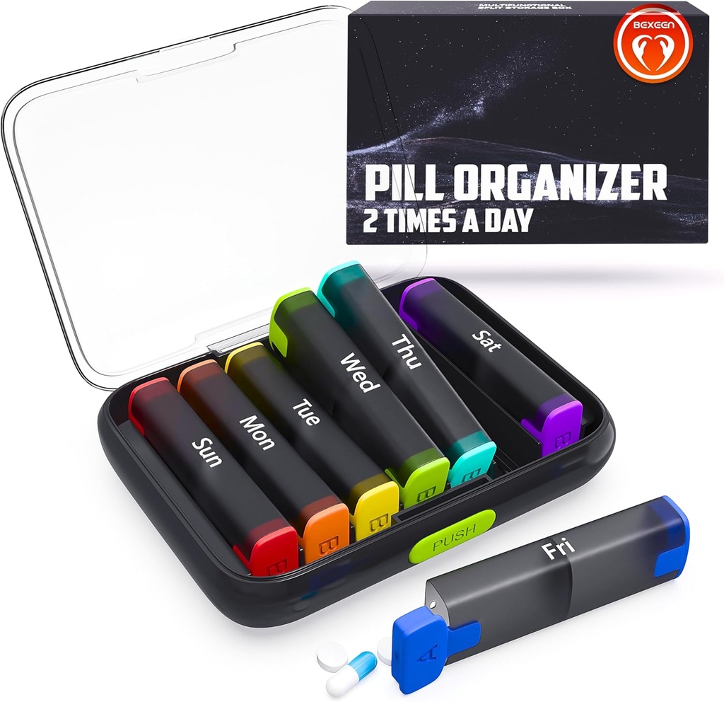 BEXEEN Organizzatore settimanale di pillole 2 volte al giorno - Scatola di pillole 7 giorni Am Pm - Organizzatore di medicina di viaggio Twice Daily Vitamin Holder Portable Supplement Case Week Morning Night Med Dispenser Detachable Container