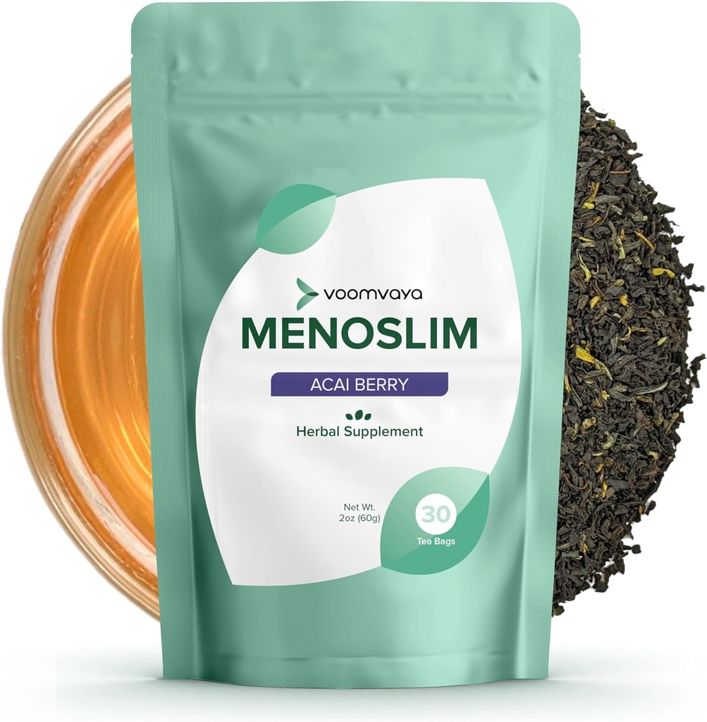 VoomVaya MenoSlim Tea - Hormone Balance Tea, Perimenopause & Estrogen Supplemento per le donne - per Bloating, Hot Flashes, Night Sweats & Meno-Belly - Acai Berry Flavor - 30 Teabags