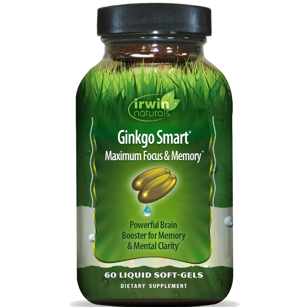Irwin Naturals Ginkgo Smart Potente Booster Nootropic - Supporta Memoria Massima, Focus & Clarity Mentale con DMAE, Clubmoss, Choline & Acetyl L-Carnitine - 60 Liquid Softgels