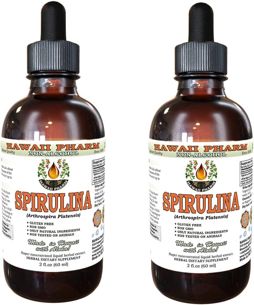 Spirulina Alcol-Free Liquid Extract, Spirulina Organica (Arthrospira platensis) Dried Algae Glycerite Natural Herbal Supplement, Hawaii Pharm, USA 2x2 fl.oz