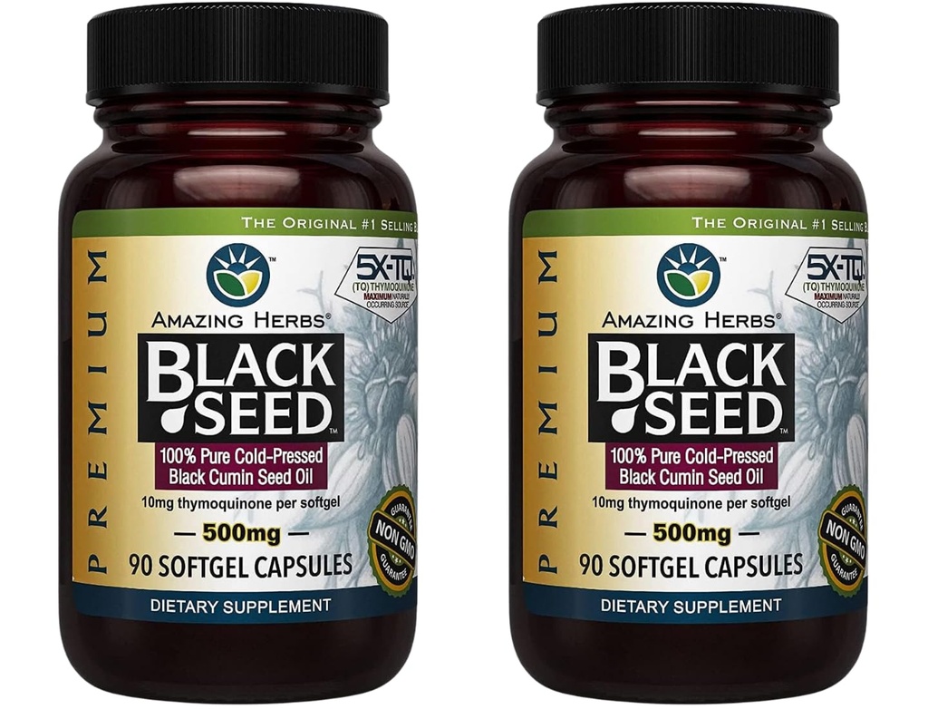 Sorprendente erbe Premium Black Seed Oil Capsule - Gluten Free, Non OGM, Cold Pressed Nigella Sativa Aids in salute digestiva, Supporto immunitario, Funzione cerebrale - 90 Count, 500mg (Pack of 2)