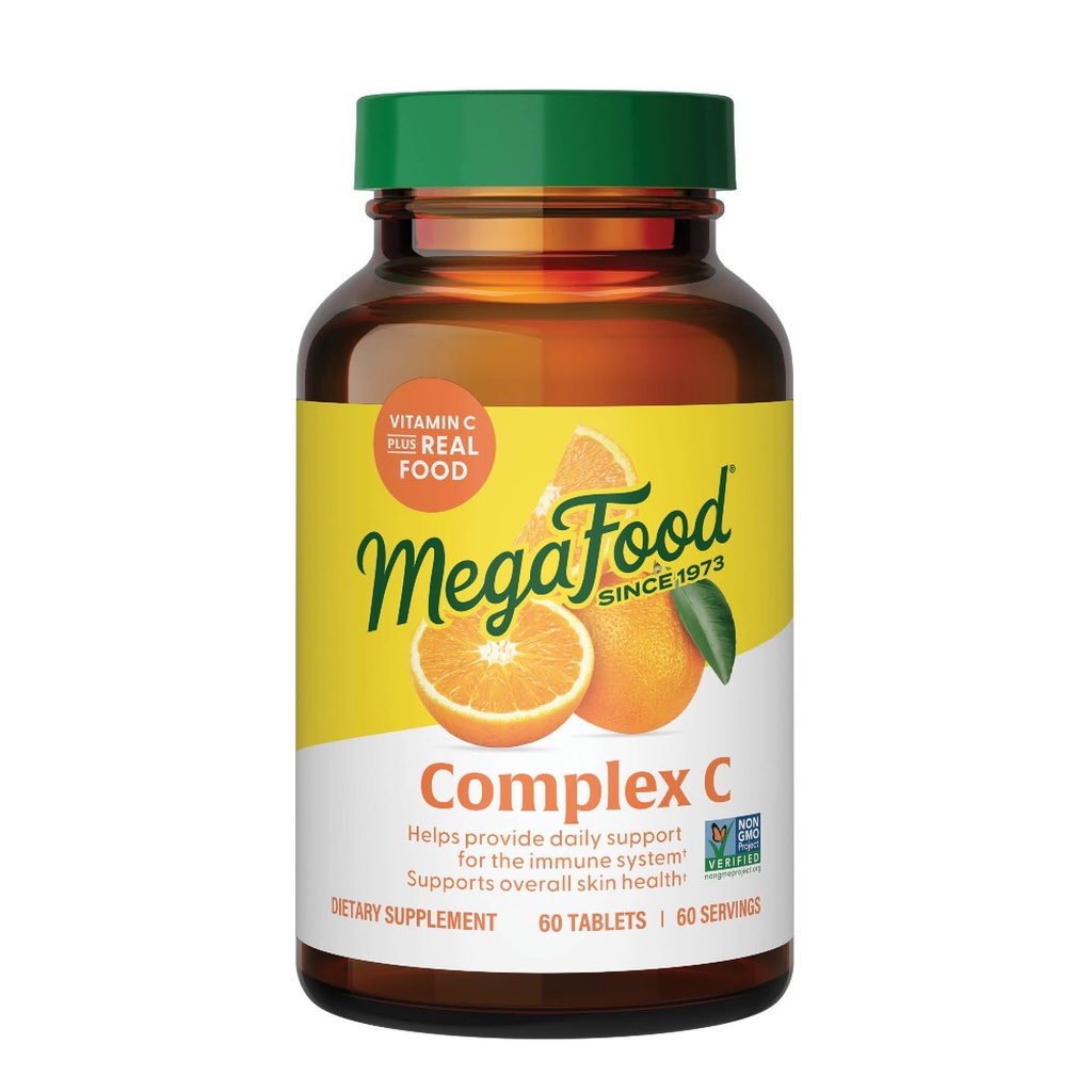 MegaFood Complex C - Vegan Integratore di Supporto Immune con Vitamina C 250 mg, Realizzato con Cibo Reale Compreso Arancione, Mirtillo e Riso Marrone, Senza Glutine, Kosher - 60 compresse, 60 Serve