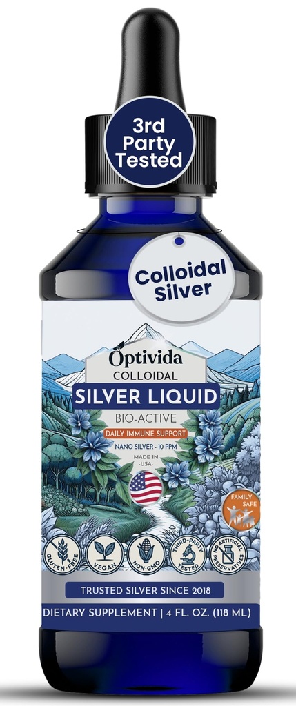 Liquido d'Argento Colloidale Optivida Health (4 oz) – Integratore Colloidale Premium Nano Silver per il supporto giornaliero Wellness & Immune, Idrosol di Argento Liquido Naturale per Adulti & Bambini, Non OGM, Senza Glutine