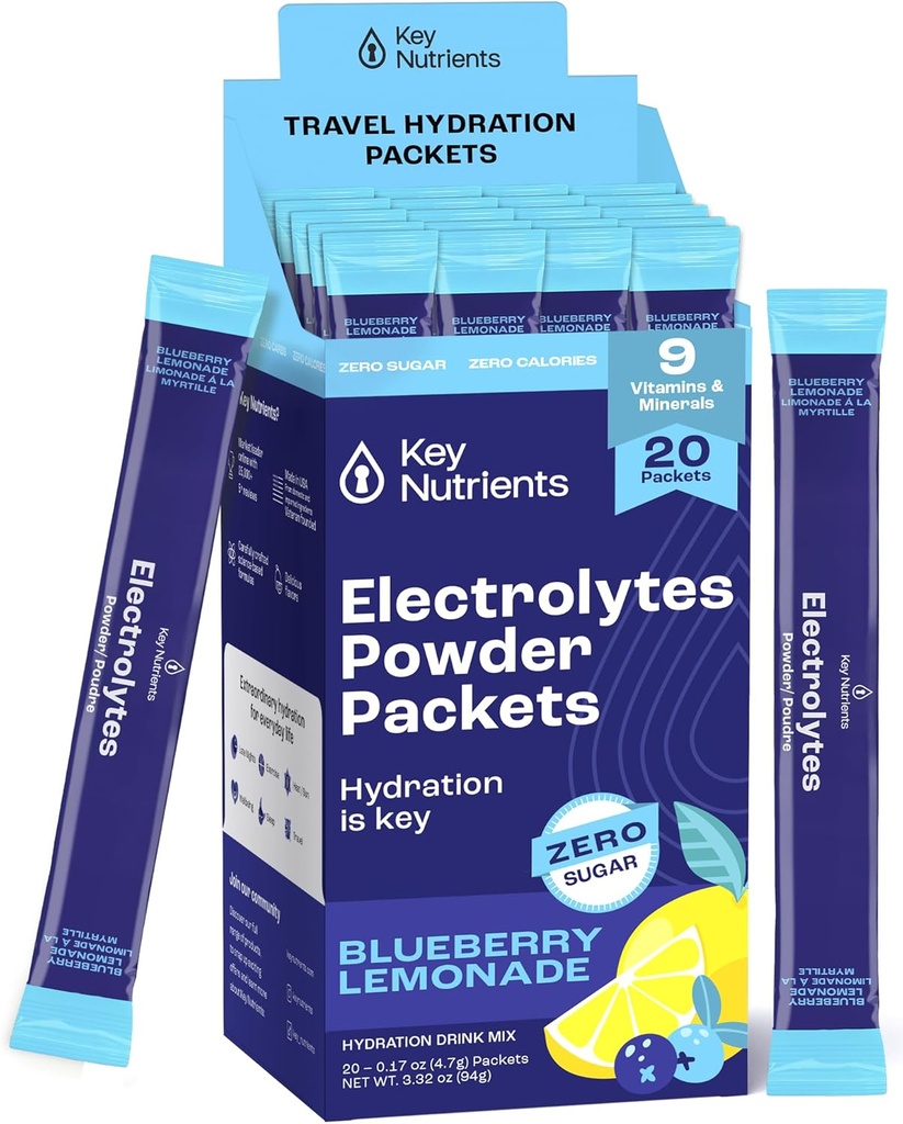 KEY NUTRIENTs Multivitamin Electrolytes Powder Packets - Delicious Blueberry Lemonade 20 Pack Hydration Packets - polvere di idratazione di viaggio - senza zucchero, senza calorie, senza glutine - Made in USA