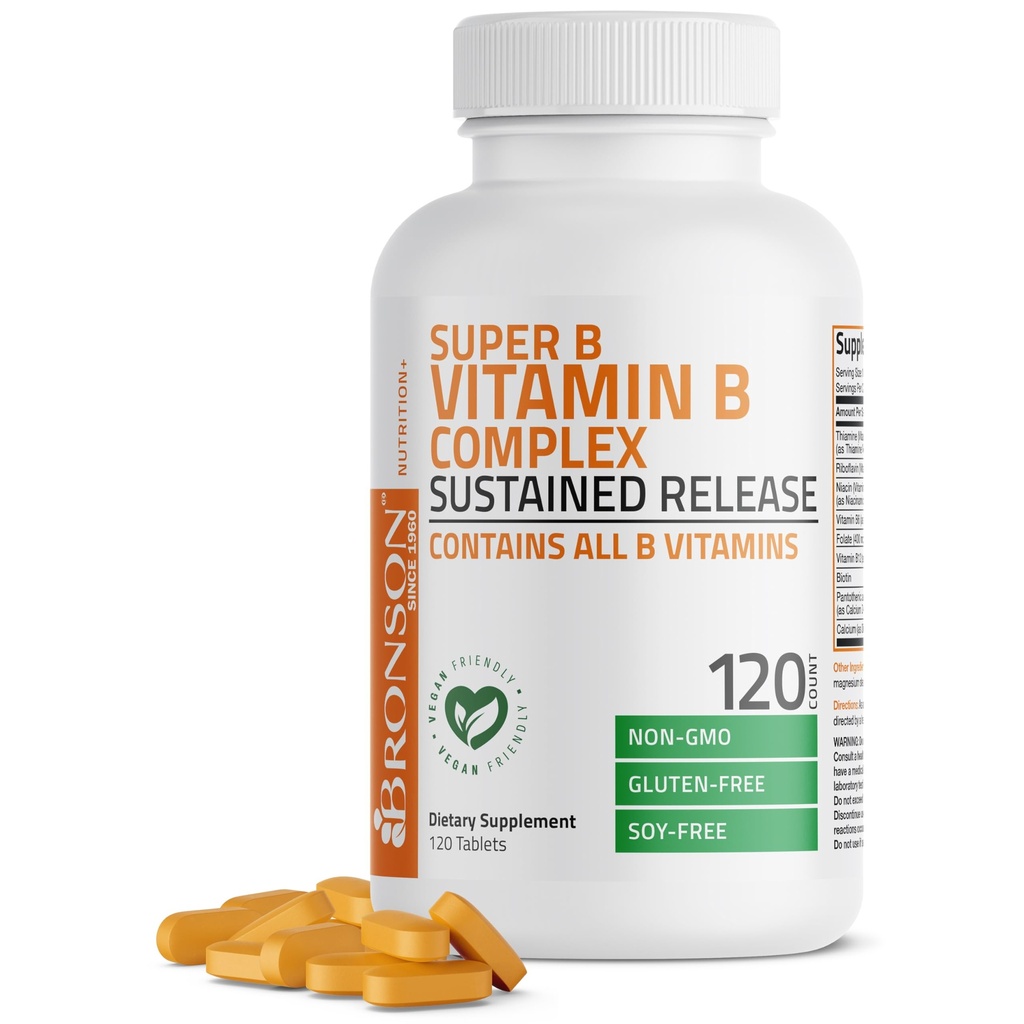 Bronson Super B Vitamina B Complesso Sostenuto lento rilascio (Vitamina B1, B2, B3, B6, B9 - Acido Folico, B12) Contiene tutte le vitamine B 120 compresse