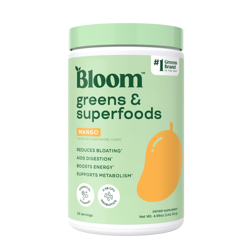 Bloom Nutrition Superfood Greens Powder, Enzimi Digestivi con Probiotici e Prebiotici, Salute Gut, Bloating Relief per le donne, Chlorella, Green Juice Mix with Beet Root Powder, 25 SVG, Mango