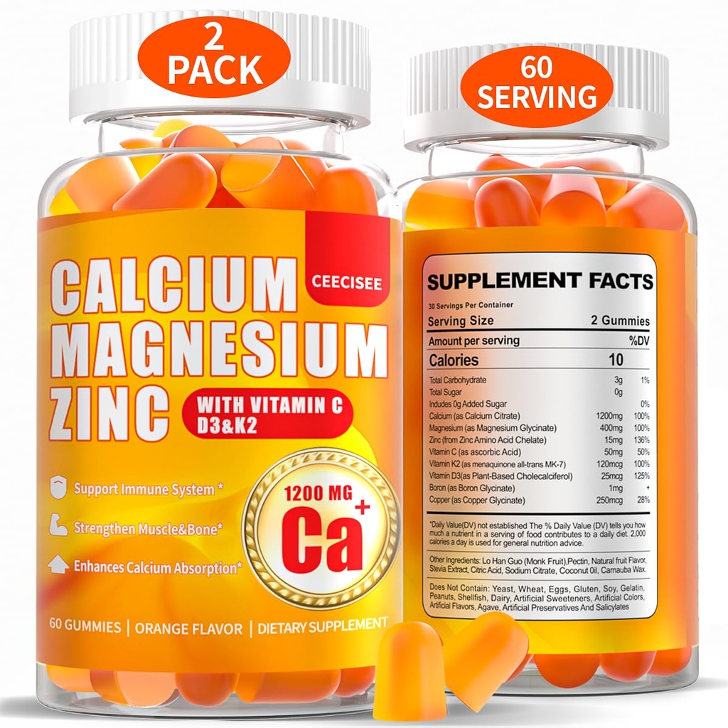 Calcium Magnesio Gummies per le donne Uomini: 1200mg Citrato di calcio pancia di zinco con vitamina C D3 K2 - Vegan Zucchero Libero Chewable Alto Assorbimento Enegy Integratore di supporto immunitario (120Count)