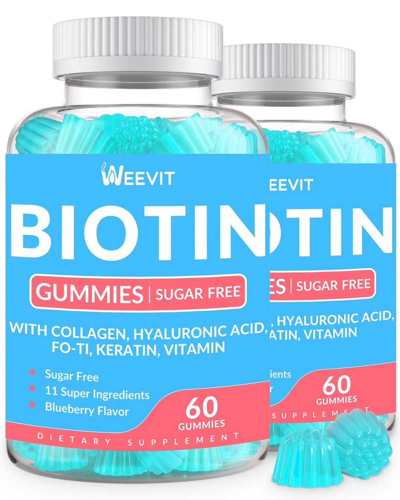 Gummie biotina senza zucchero, biotina e collagene con Keratina, Acido ialuronico per le donne e gli uomini | Crescita dei capelli, Pelle gonfia e unghie forti | Vitamina B7 Supplemento, Non OGM, Masticabile